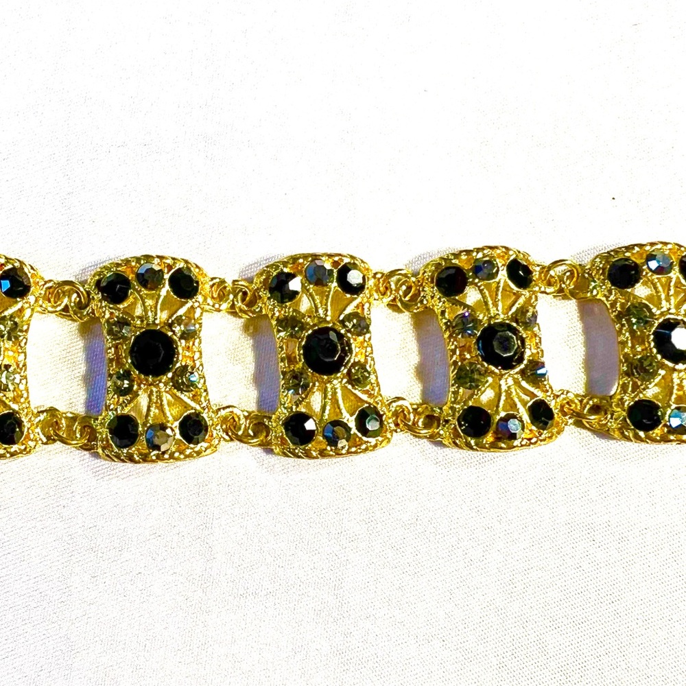 Vintage Black Gold Multi-Row Beaded Bracelet with Adjustable Chain
